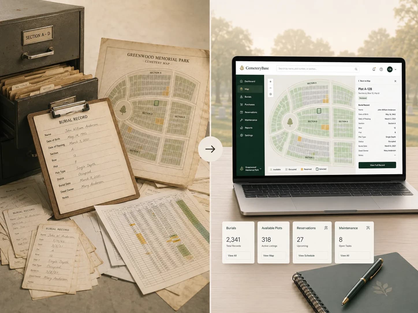 Before and after cemetery records: a filing cabinet, handwritten burial record cards, and a paper cemetery map on the left, and the same records on a color-coded interactive cemetery map in CemeteryBase on the right