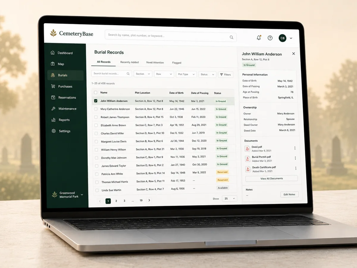CemeteryBase burial records table with search, filters, and a full burial record with deed and permit documents attached