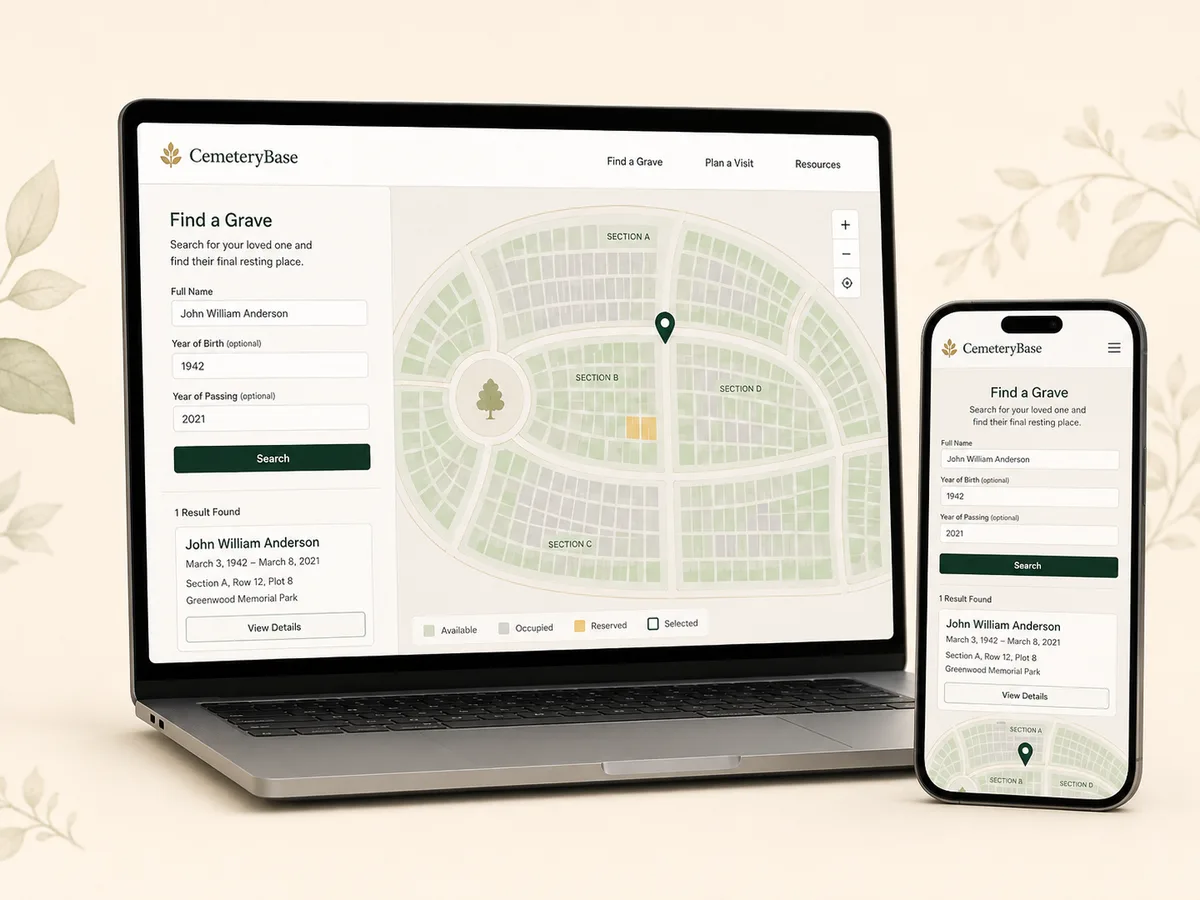 Public Find a Grave search page from CemeteryBase showing a burial record and its plot location on the cemetery map, on a laptop and a phone