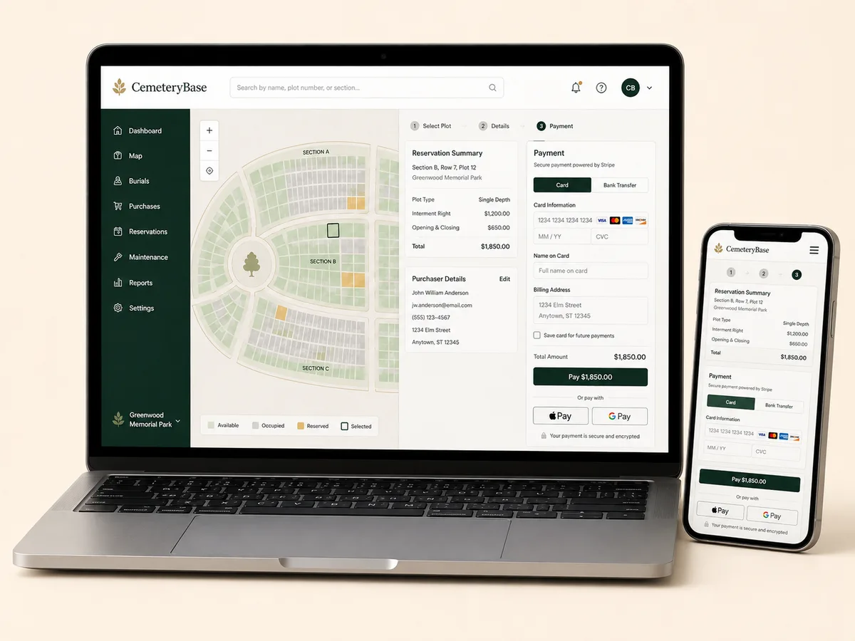 Online cemetery plot reservation and payment in CemeteryBase with a reservation summary and card, Apple Pay, and Google Pay checkout